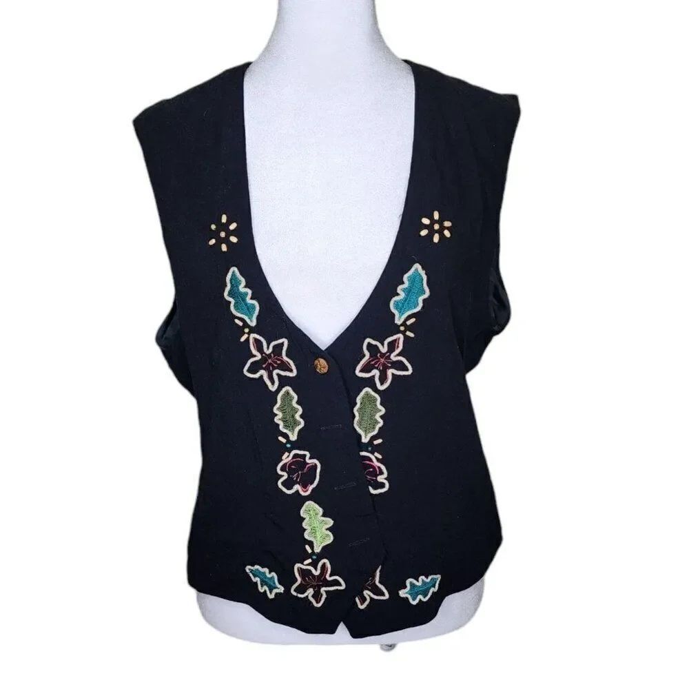 Vintage 80s Sleeveless Vest Womens Size S Black Tie Back Embroidered Leaves Fal